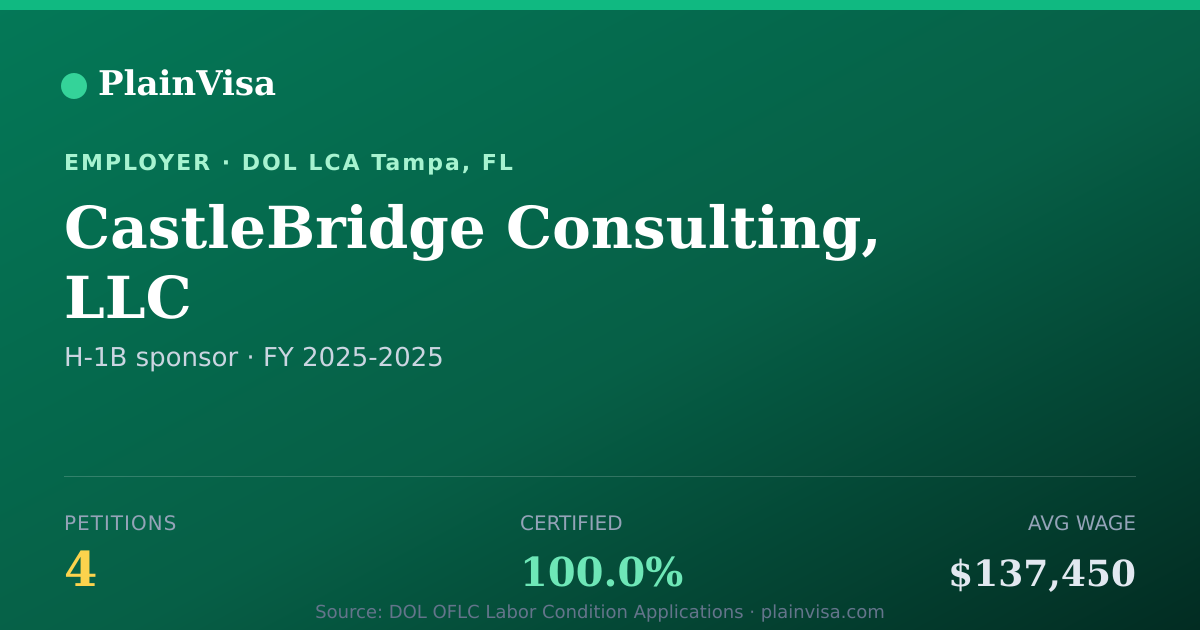 Shareable card for CastleBridge Consulting, LLC H-1B petitions | PlainVisa