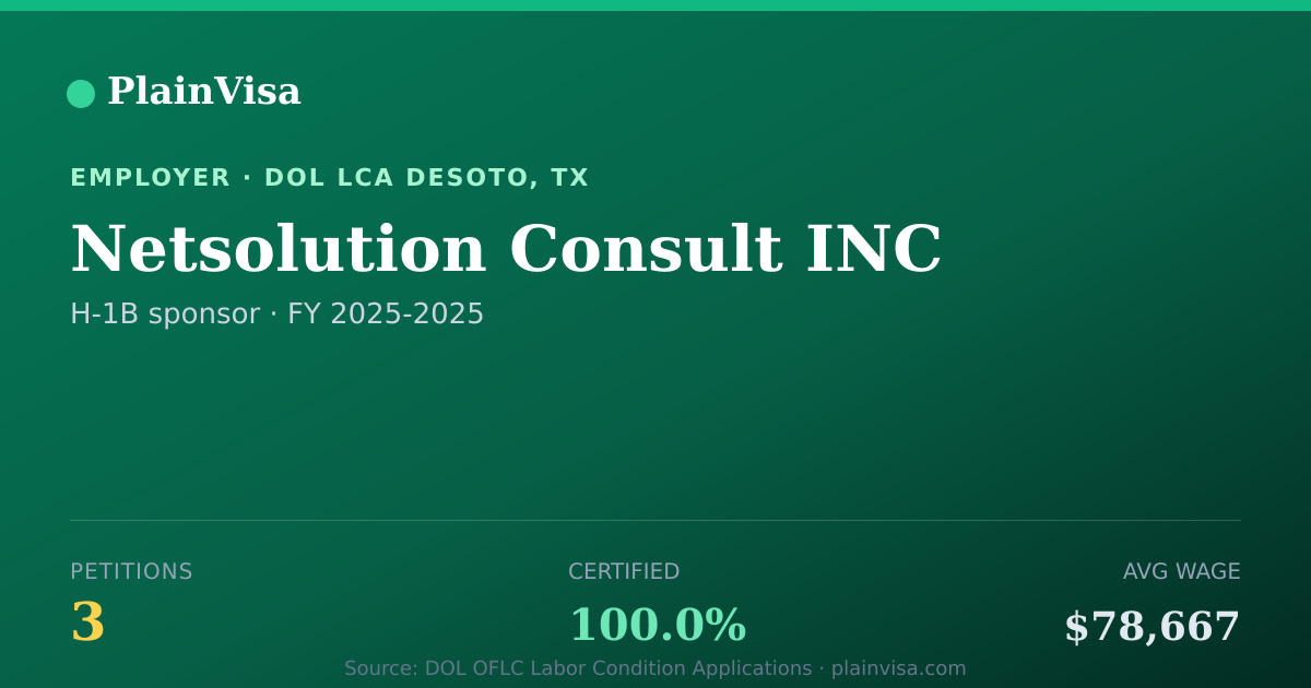Shareable card for Netsolution Consult INC, 3 H-1B, $78,667 median | PlainVisa
